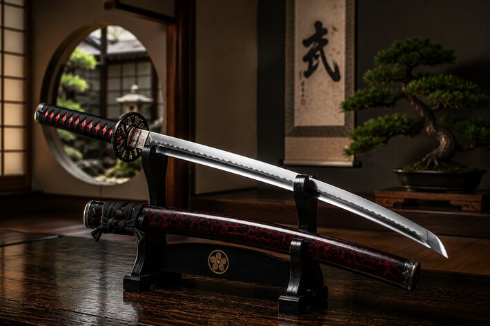 Katana japonais partiellement dégainé sur présentoir traditionnel